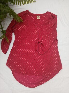 Faded Glory Red W/Silver Sparkle Dot Print Henley Roll-Tab Blouse